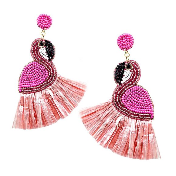 Pink Flamingo Bead Raffia Fringe Tropical Bird Beach Statement Earrings - Picture 3 of 3